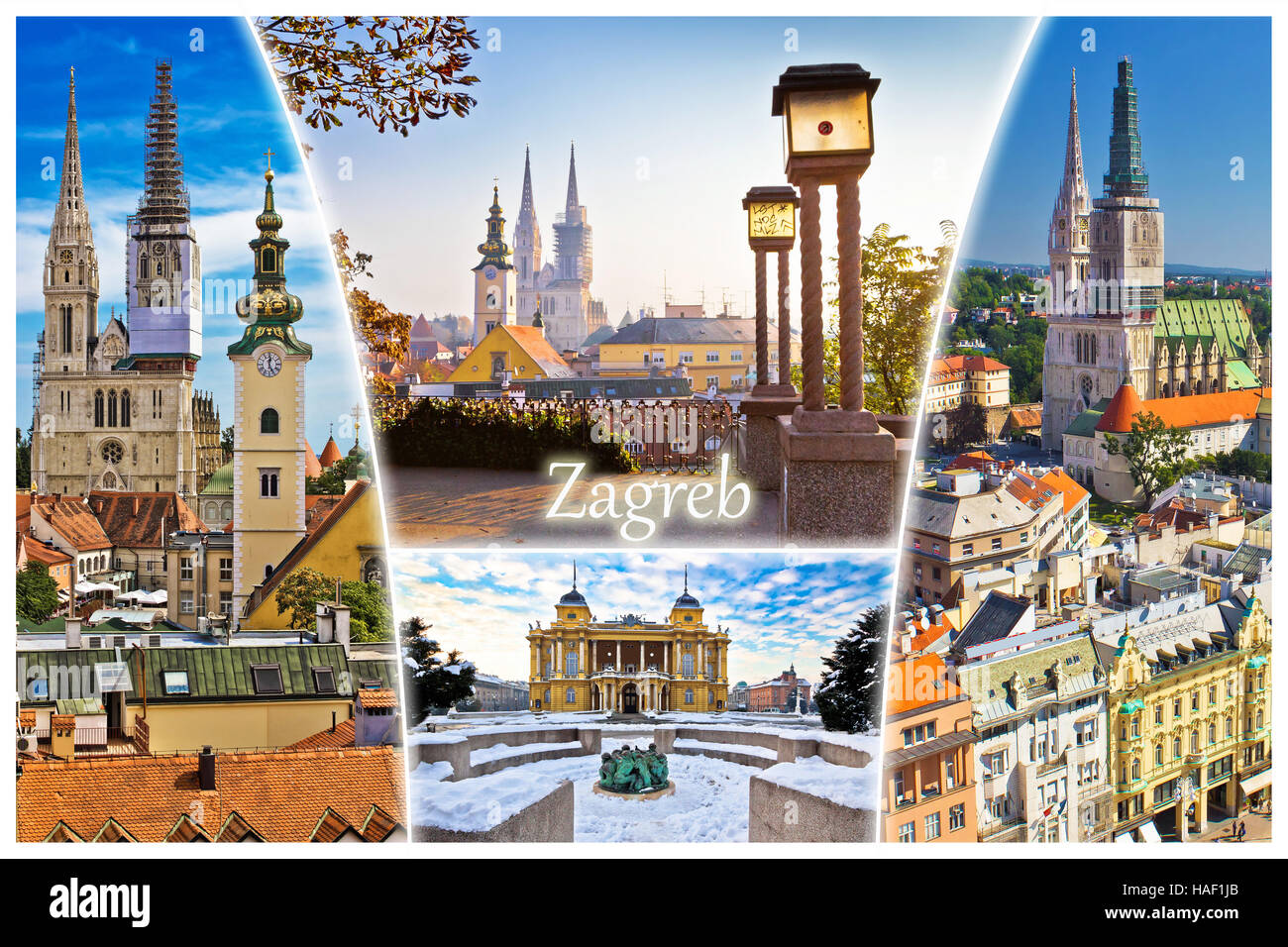 Ville de Zagreb old landmarks carte postale avec étiquette, capitale de la Croatie collage Banque D'Images