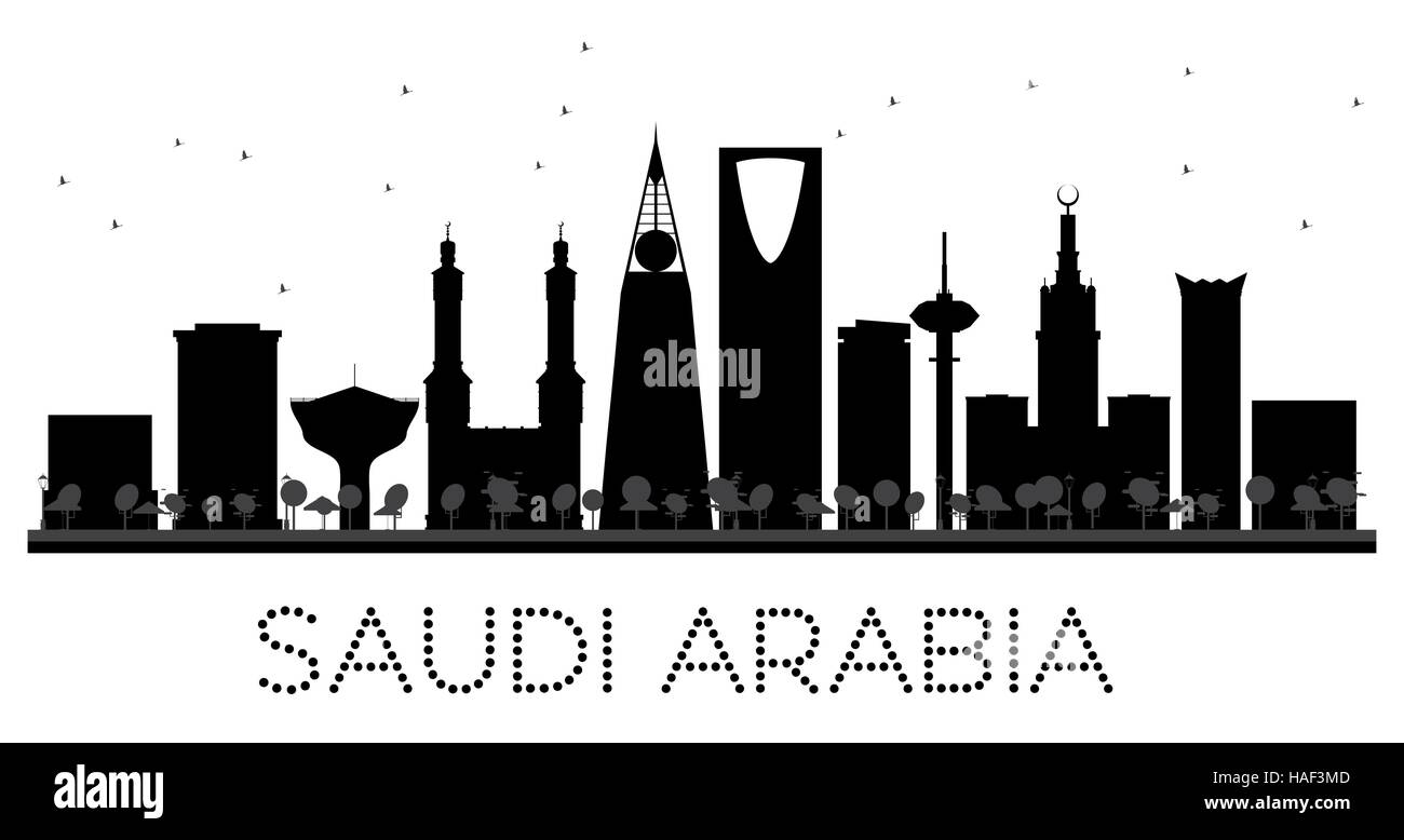 L'Arabie saoudite skyline silhouette noir et blanc. Vector illustration. Concept simple pour le tourisme présentation, bannière, un placard ou un site web. Illustration de Vecteur