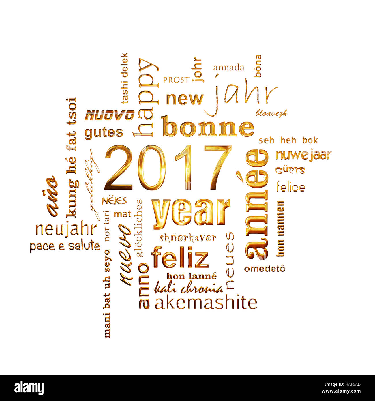 2017 Nouvelle année d'or nuage de mots de texte multilingue square carte de souhaits sur fond noir Banque D'Images