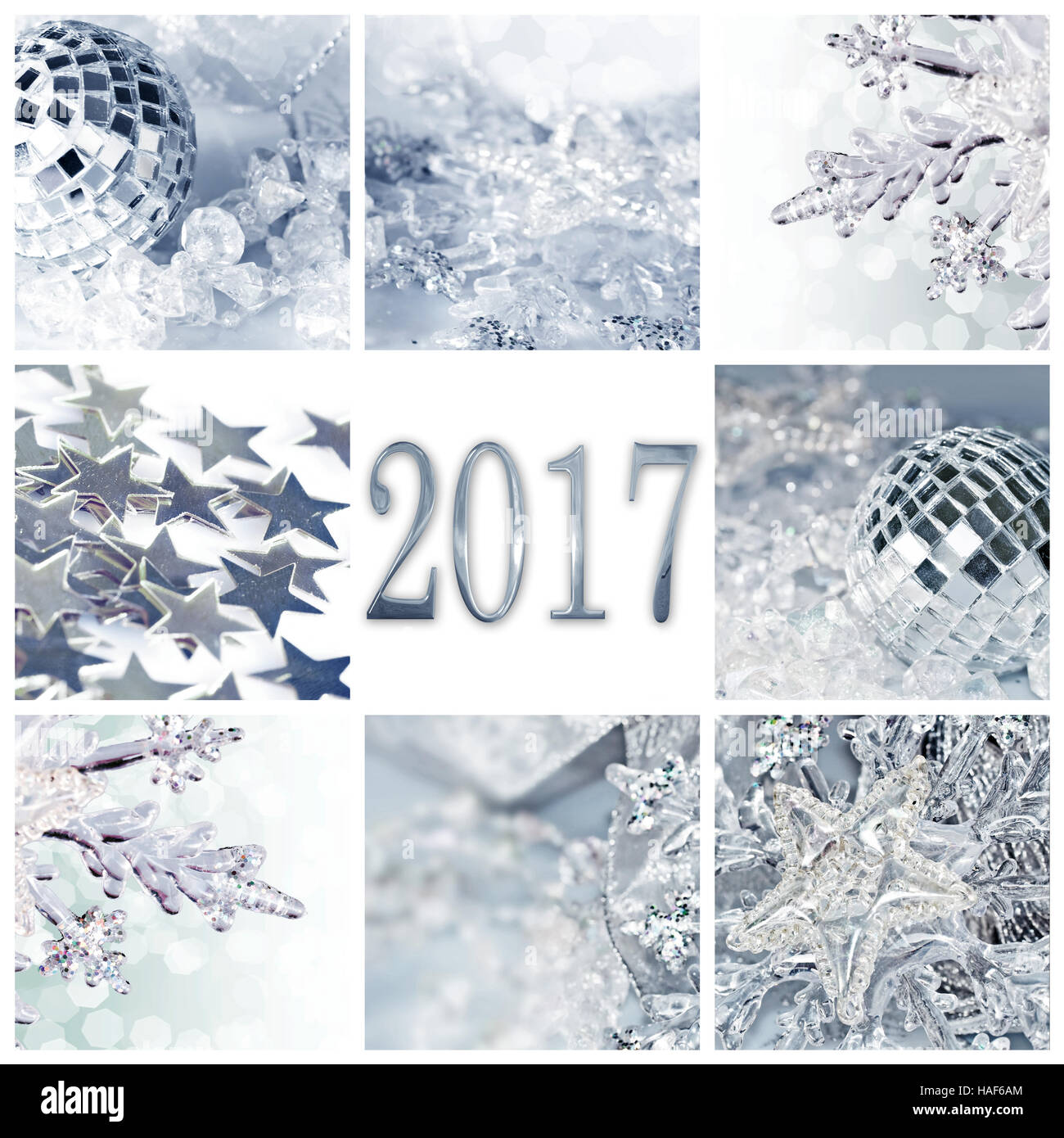 En 2017, silver christmas ornaments collage square carte de souhaits Banque D'Images
