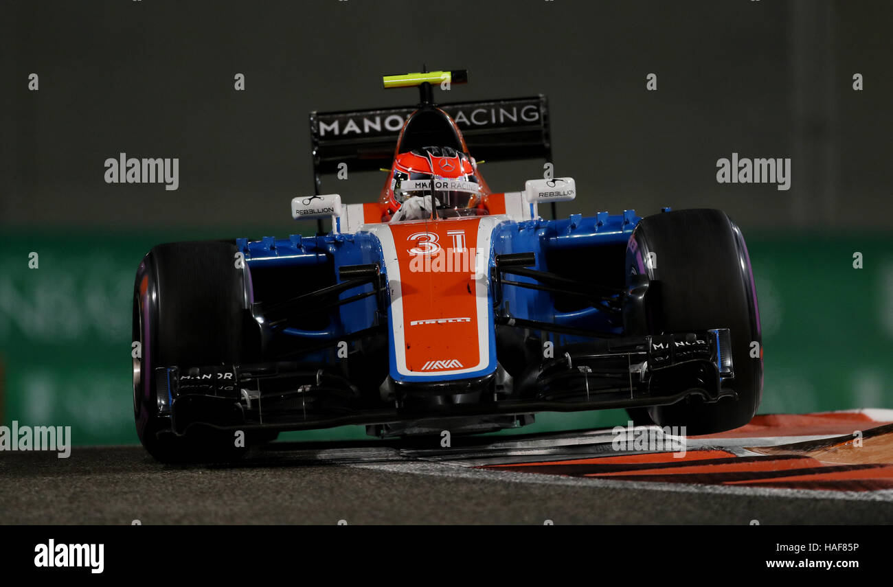Manor Racing's Esteban Ocon au cours de la pratique au Circuit de Yas Marina, à Abu Dhabi. ASSOCIATION DE PRESSE Photo. Photo date : vendredi 25 novembre, 2016. Voir PA story AUTO Abu Dhabi. Crédit photo doit se lire : David Davies/PA Wire. RESTRICTIONS : un usage éditorial uniquement. L'utilisation commerciale avec au préalable le consentement d'équipes. Banque D'Images