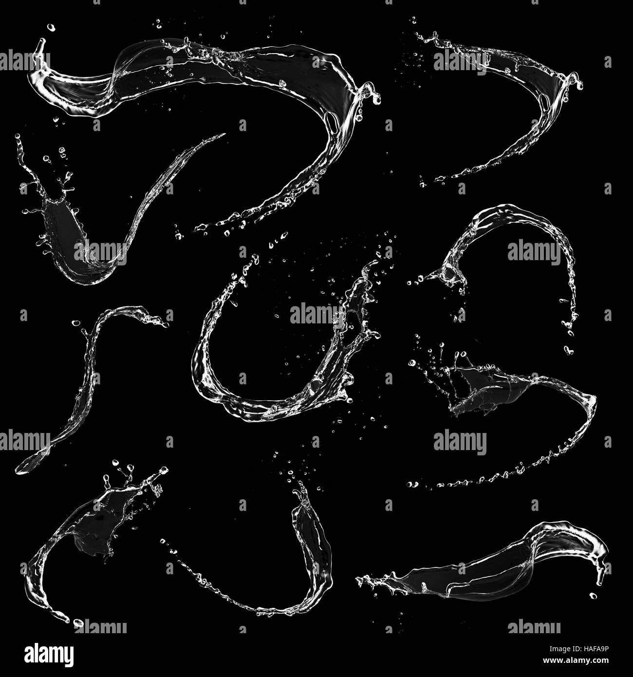 Blue abstract les projections d'eau collection, isolé sur fond noir Banque D'Images