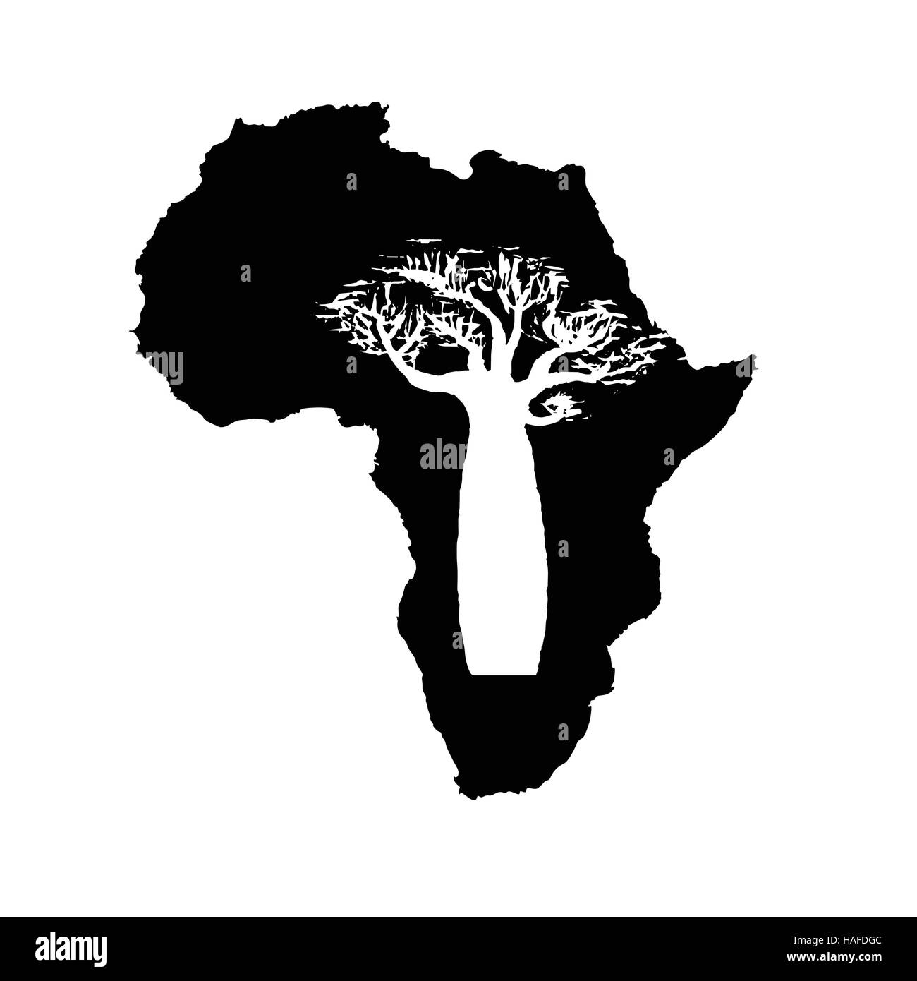 Silhouette vecteur d'Afrique noire avec l'intérieur blanc silhouette de baobab. Illustration de Vecteur
