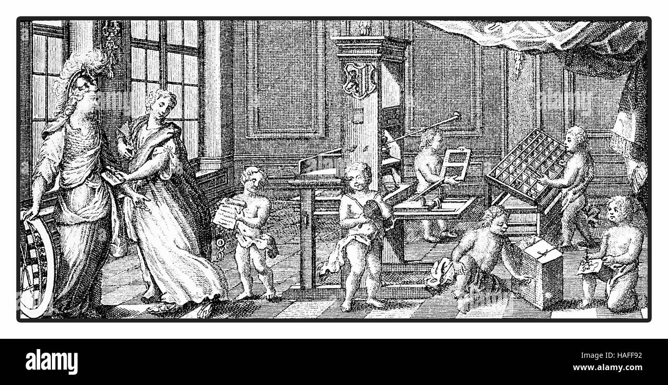 XVIII siècle la gravure à l'allégorie de l'atelier d'impression avec presse en bois et types de caractères mobiles Banque D'Images XVIII siècle la gravure à l'allégorie de l'atelier d'impression avec presse en bois et types de caractères mobiles Banque D'Images