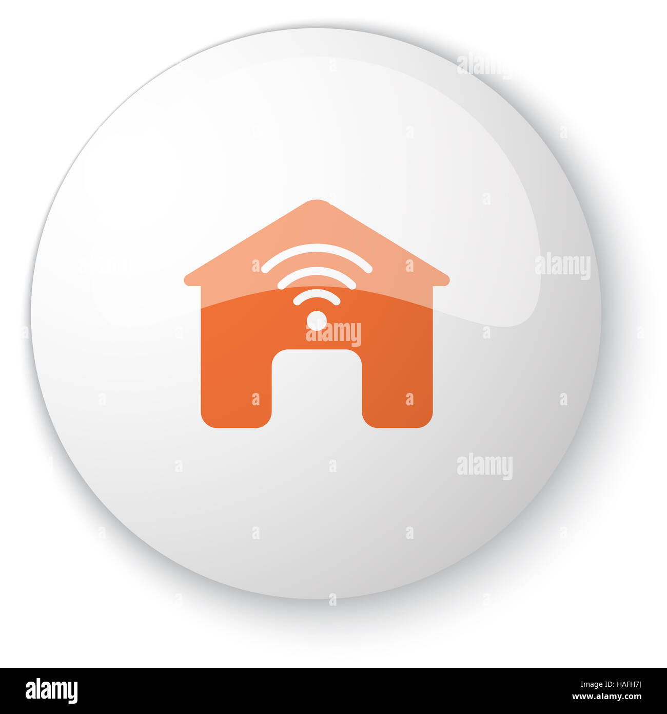 Bouton web blanc brillant avec orange Smart Home icône sur fond blanc Banque D'Images