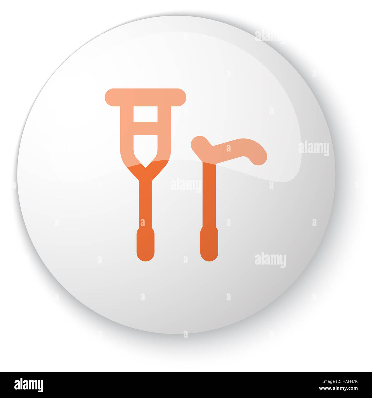 Bouton web blanc brillant avec l'icône de canne béquille orange sur fond blanc Banque D'Images