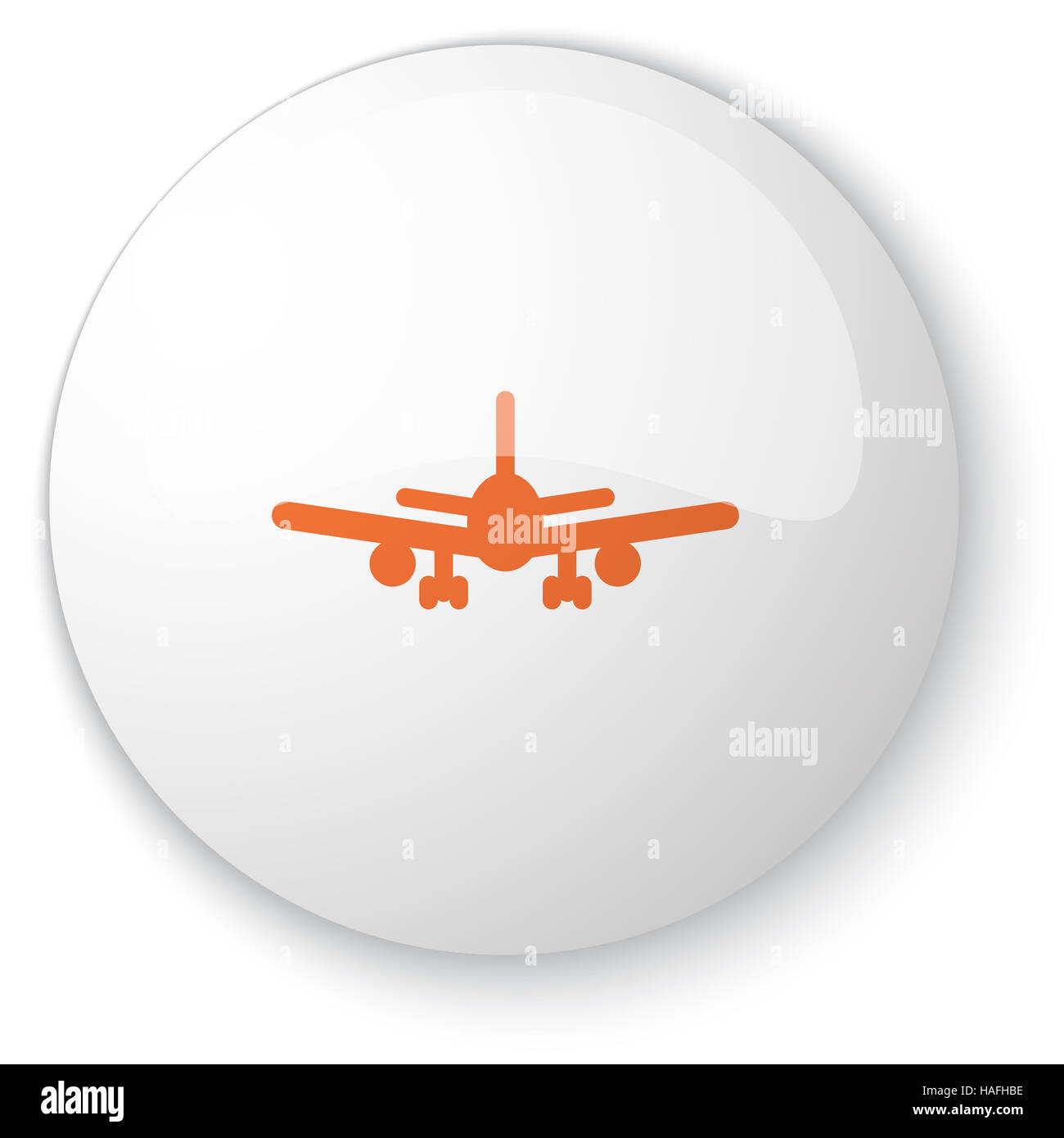 Bouton web blanc brillant avec l'icône avion orange sur fond blanc Banque D'Images