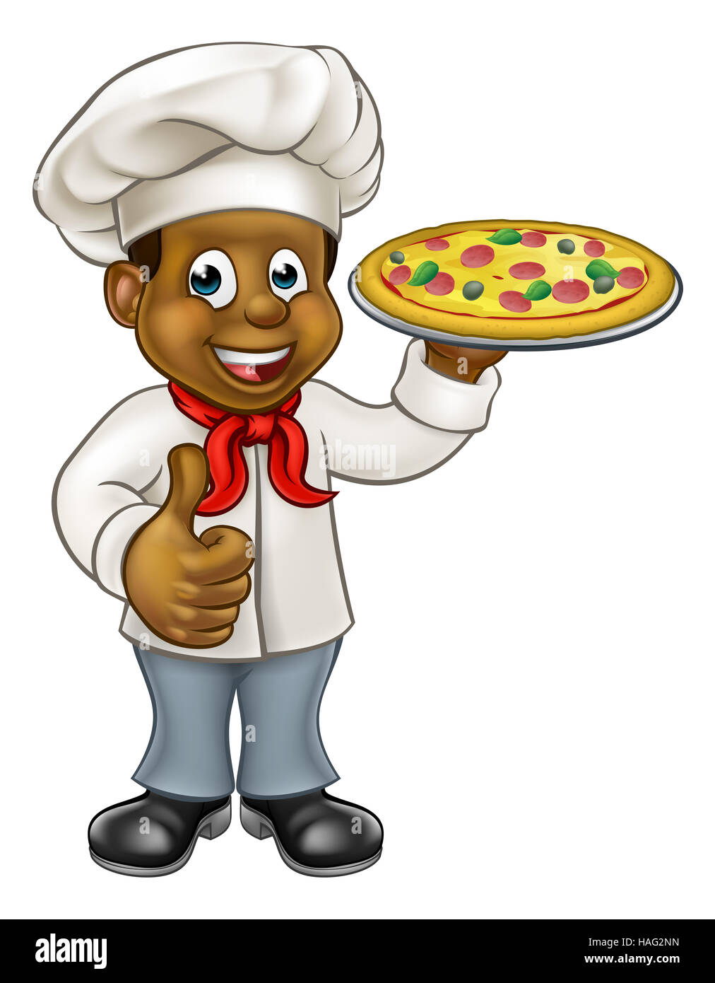 Chef cuisinier noir Cartoon character holding a pizza et de donner un coup de pouce Banque D'Images