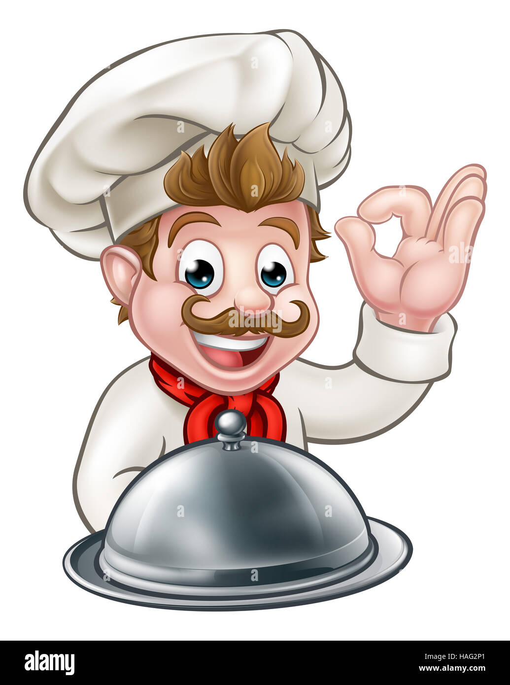 Chef de bande dessinée ou baker personnage tenant une cloche d'argent plaque food platter et donnant un bon geste cook delicious parfait Banque D'Images