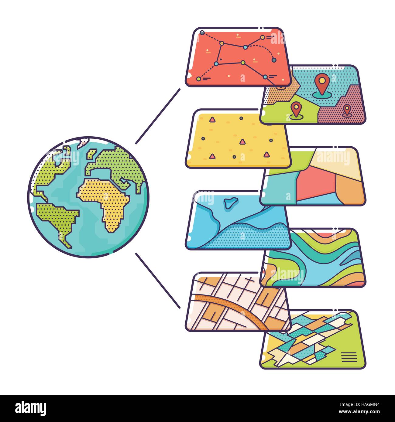 Vector Illustration de couches de données spatiale SIG Concept pour l'analyse d'affaires, système d'information géographique, Icônes Design, Line Illustration de Vecteur