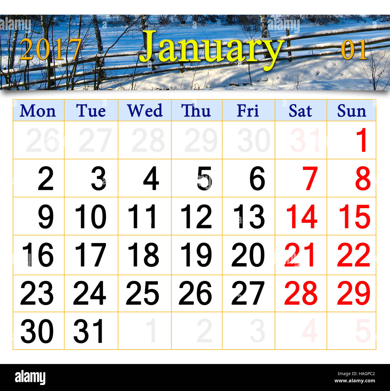 Calendrier de janvier de 2017 à l'image de clôture couverte de neige dans le village Banque D'Images
