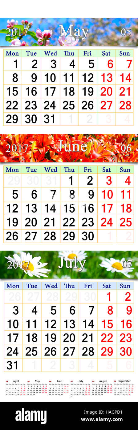 Calendrier de bureau pendant trois mois mai juin et juillet 2017 avec les photos de la nature Banque D'Images