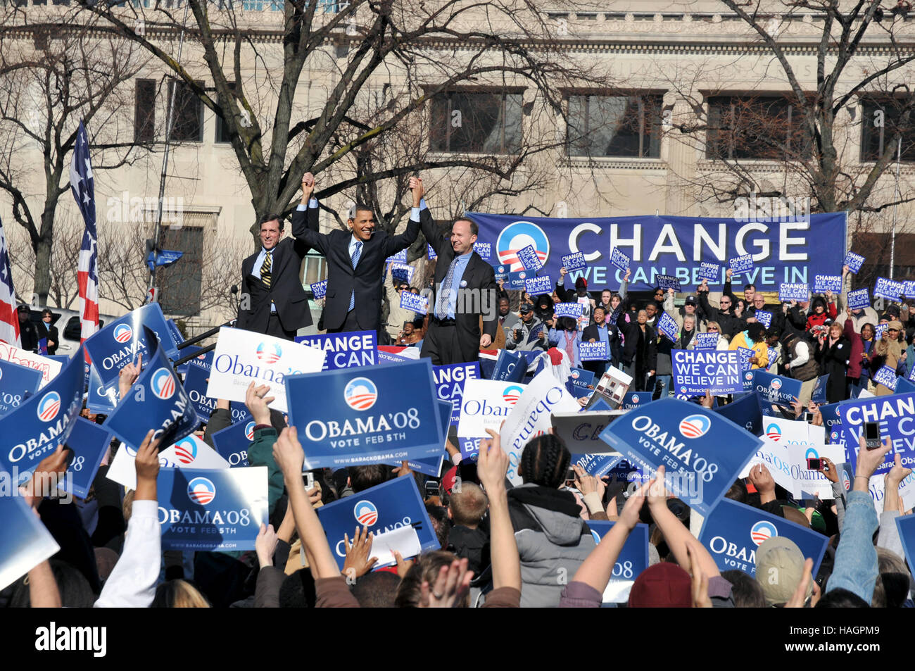 La présidence démocratique Sen. Barack Obama lors d'un rassemblement à la place de Rodney, le 3 février 2008 à Wilmington, Delaware. Banque D'Images