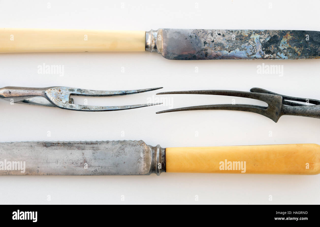 La sculpture antique fourchette et couteau set - macro coutellerie vintage Banque D'Images