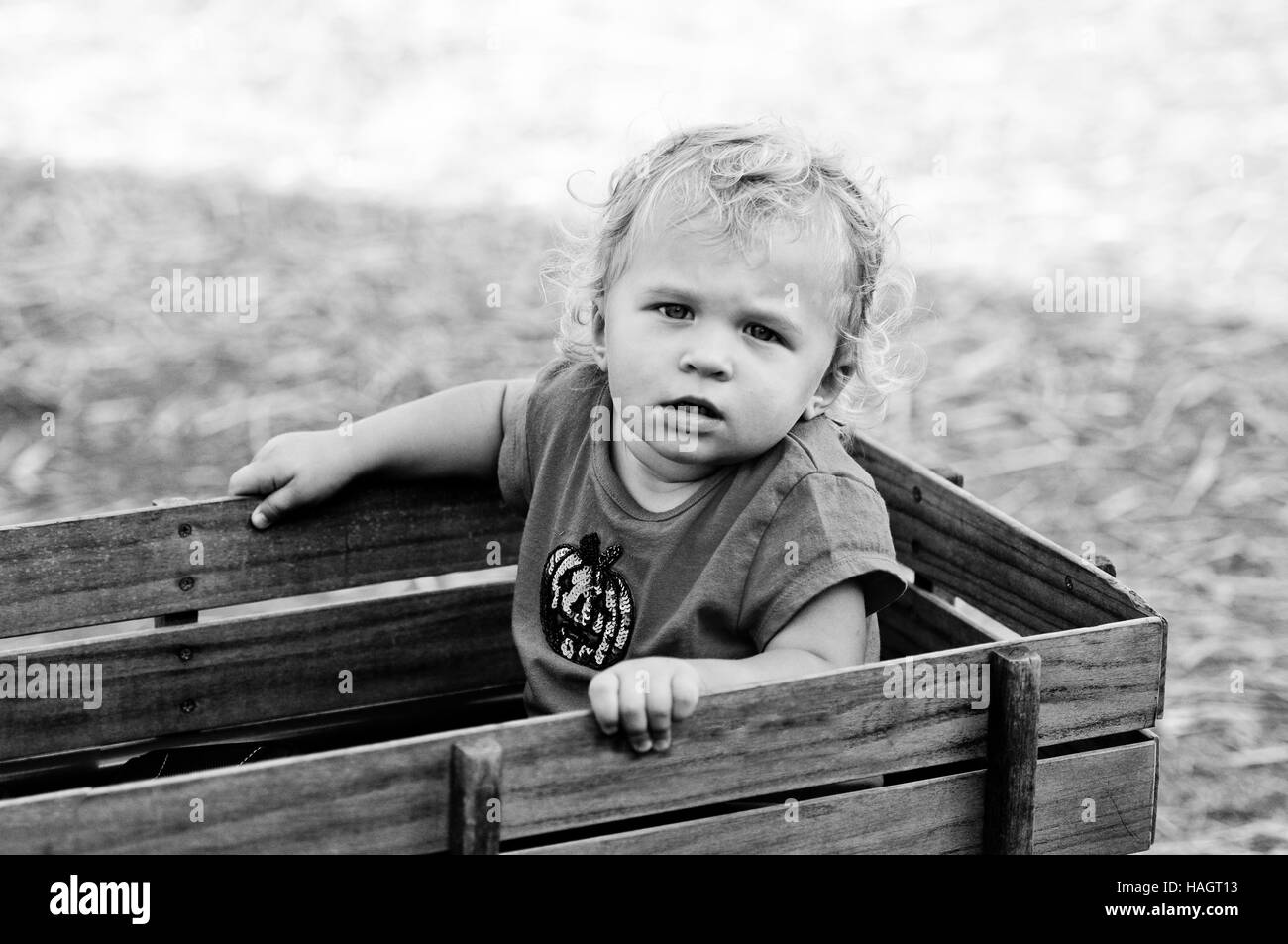 Portrait en noir et blanc d'une adorable curly haired girl assis dans un wagon en bois. Banque D'Images