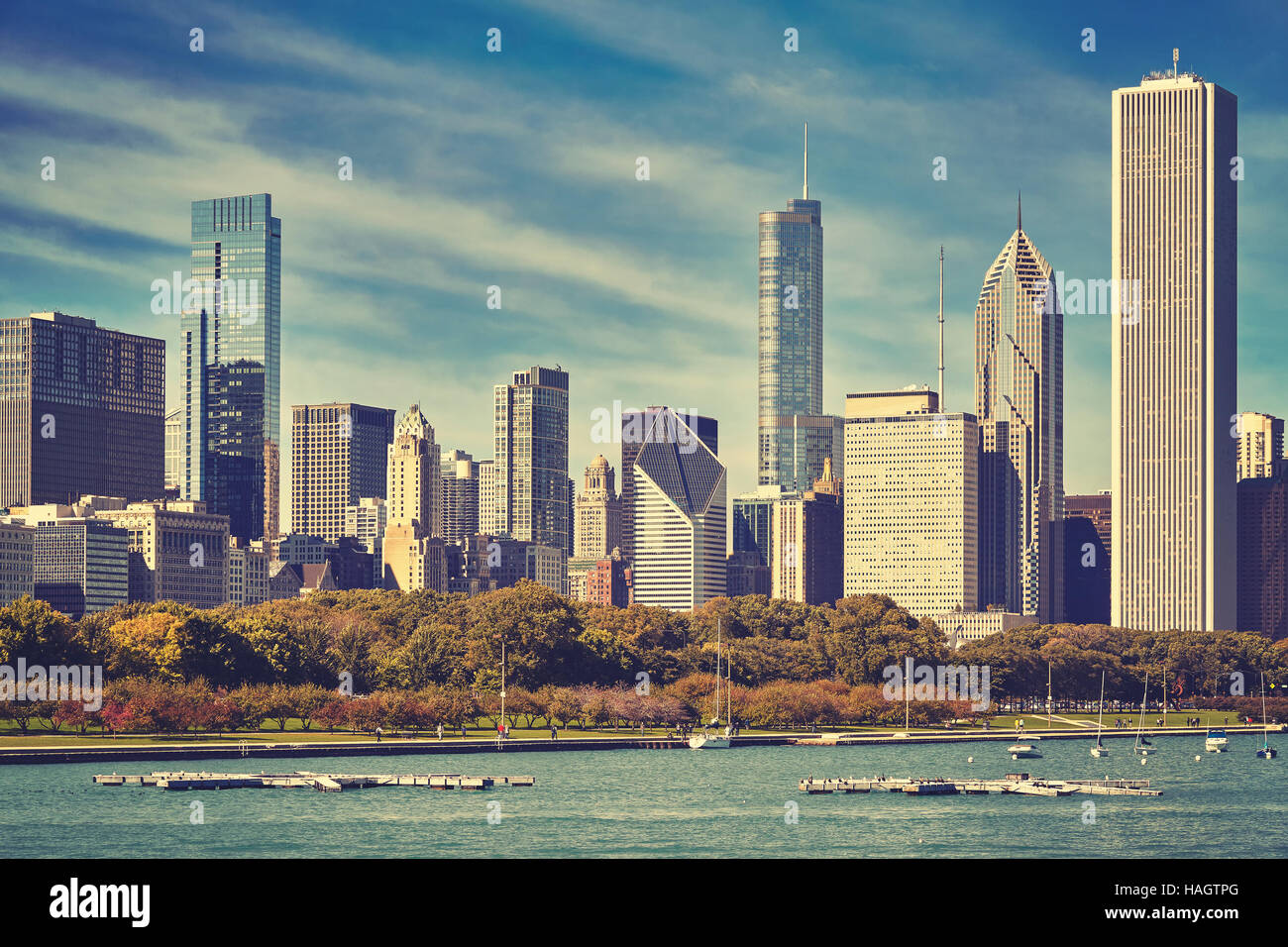 Retro photo aux couleurs de l'horizon de Chicago, USA. Banque D'Images