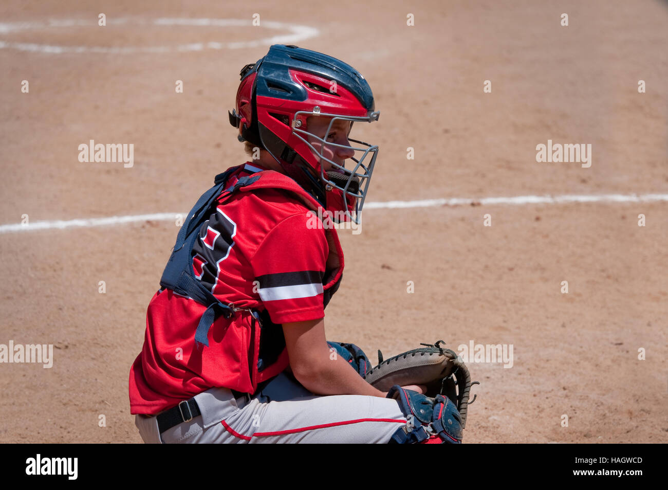 Baseball jeunesse kid accroupis derrière la plaque. Banque D'Images