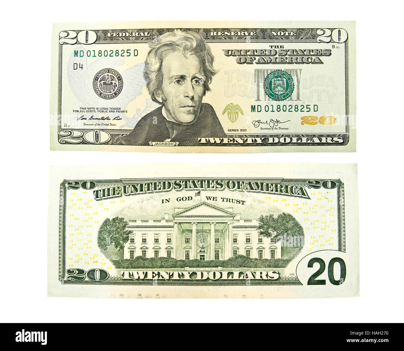 Close up de vingt dollars isoler sur fond blanc. Banque D'Images