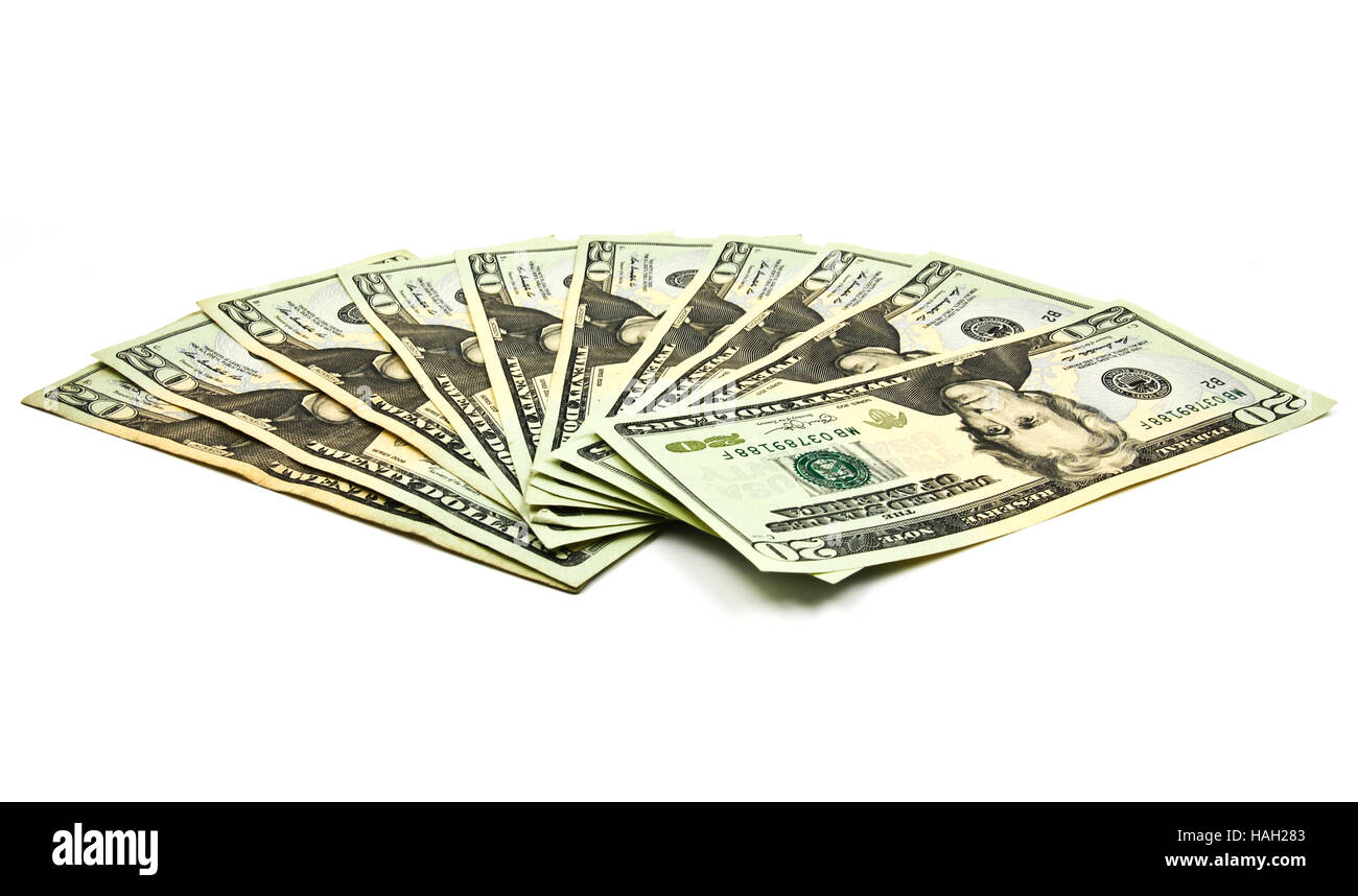 Close up de vingt dollars isoler sur fond blanc. Banque D'Images