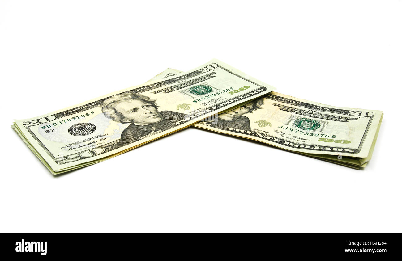 Close up de vingt dollars isoler sur fond blanc. Banque D'Images