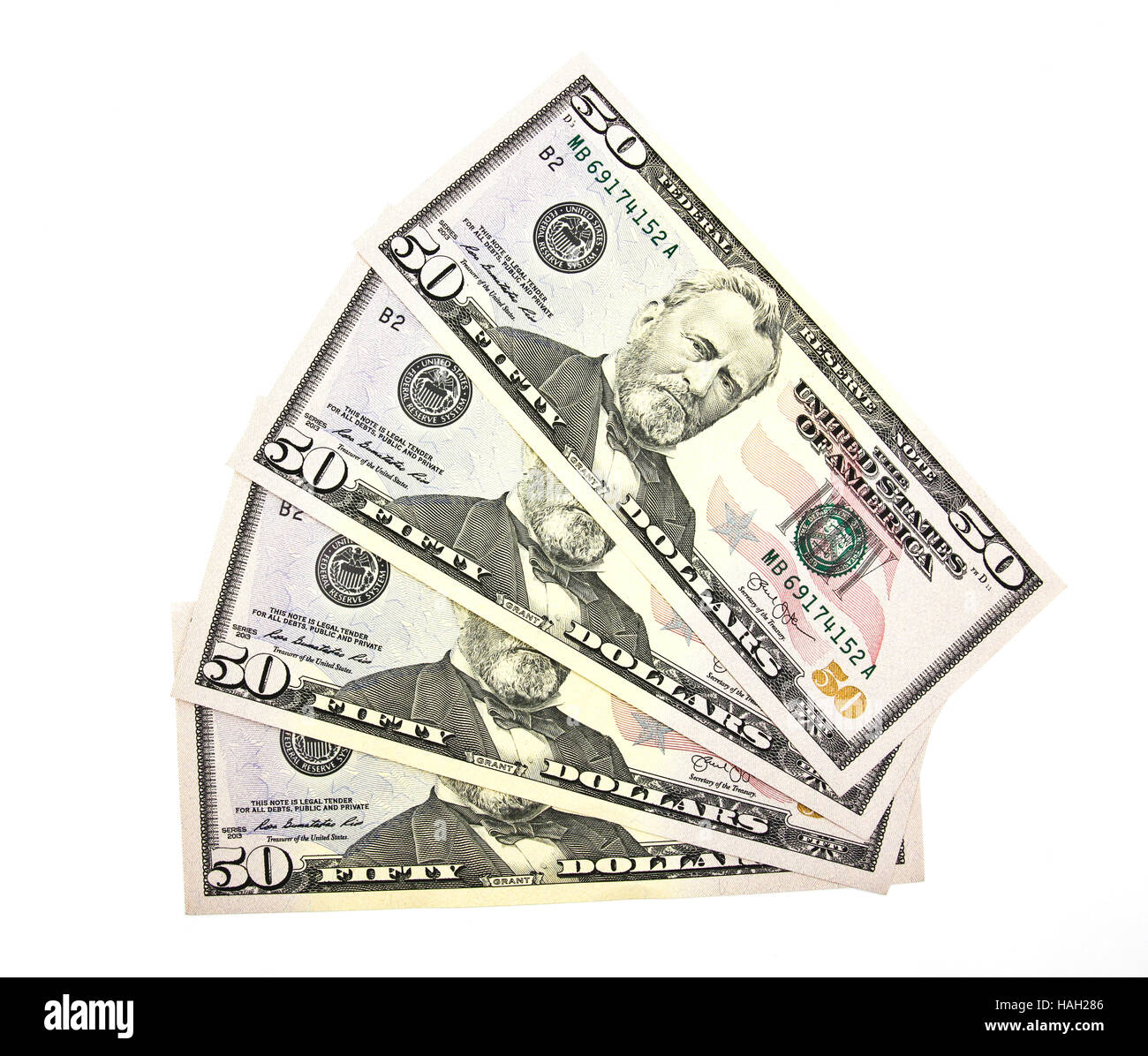 Close up de cinquante dollars isoler sur fond blanc. Banque D'Images