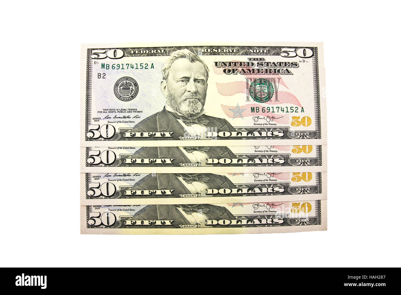 Close up de cinquante dollars isoler sur fond blanc. Banque D'Images