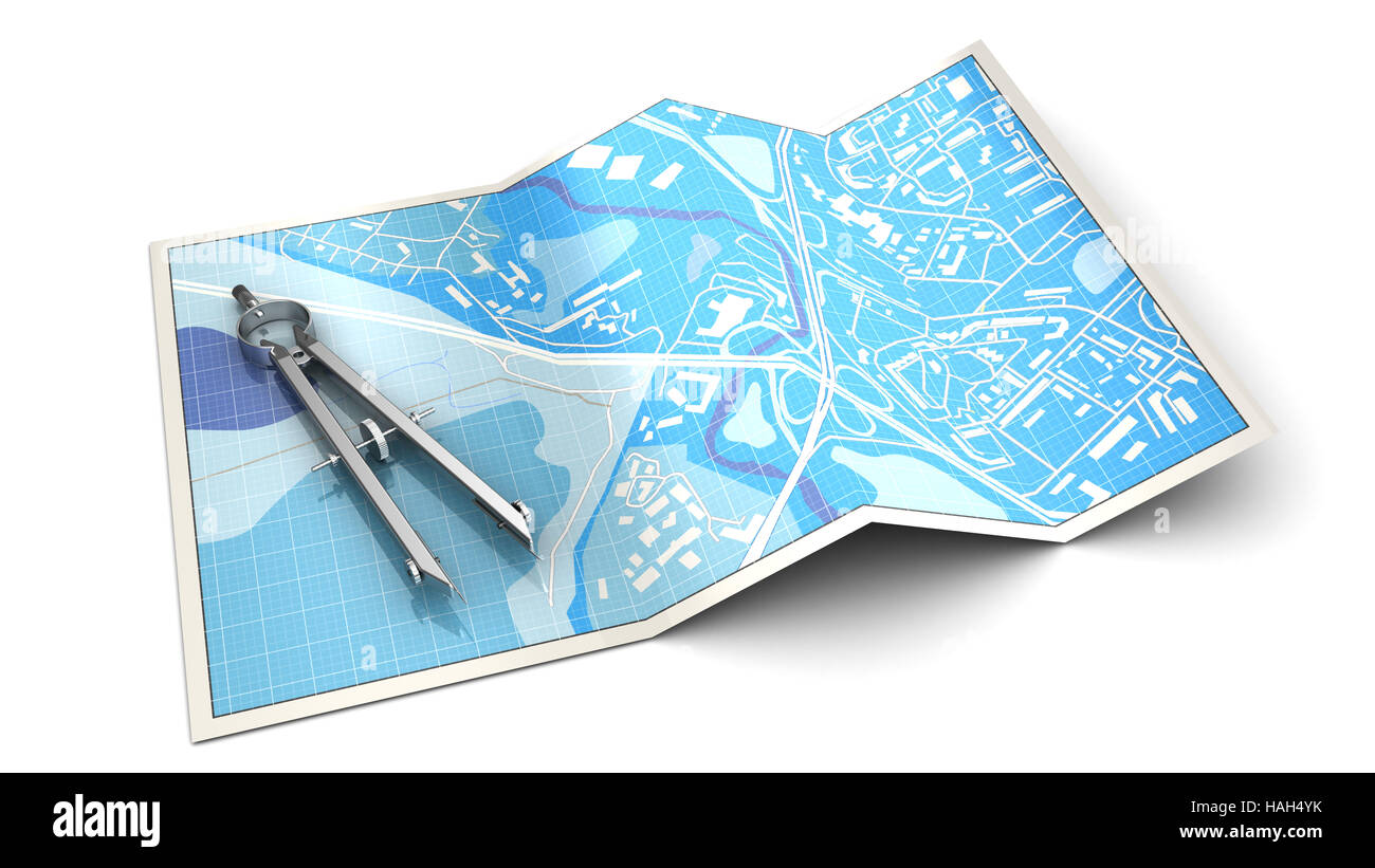 Illustration 3d de la carte avec l'outil de mesure citry, cartographie concept Banque D'Images