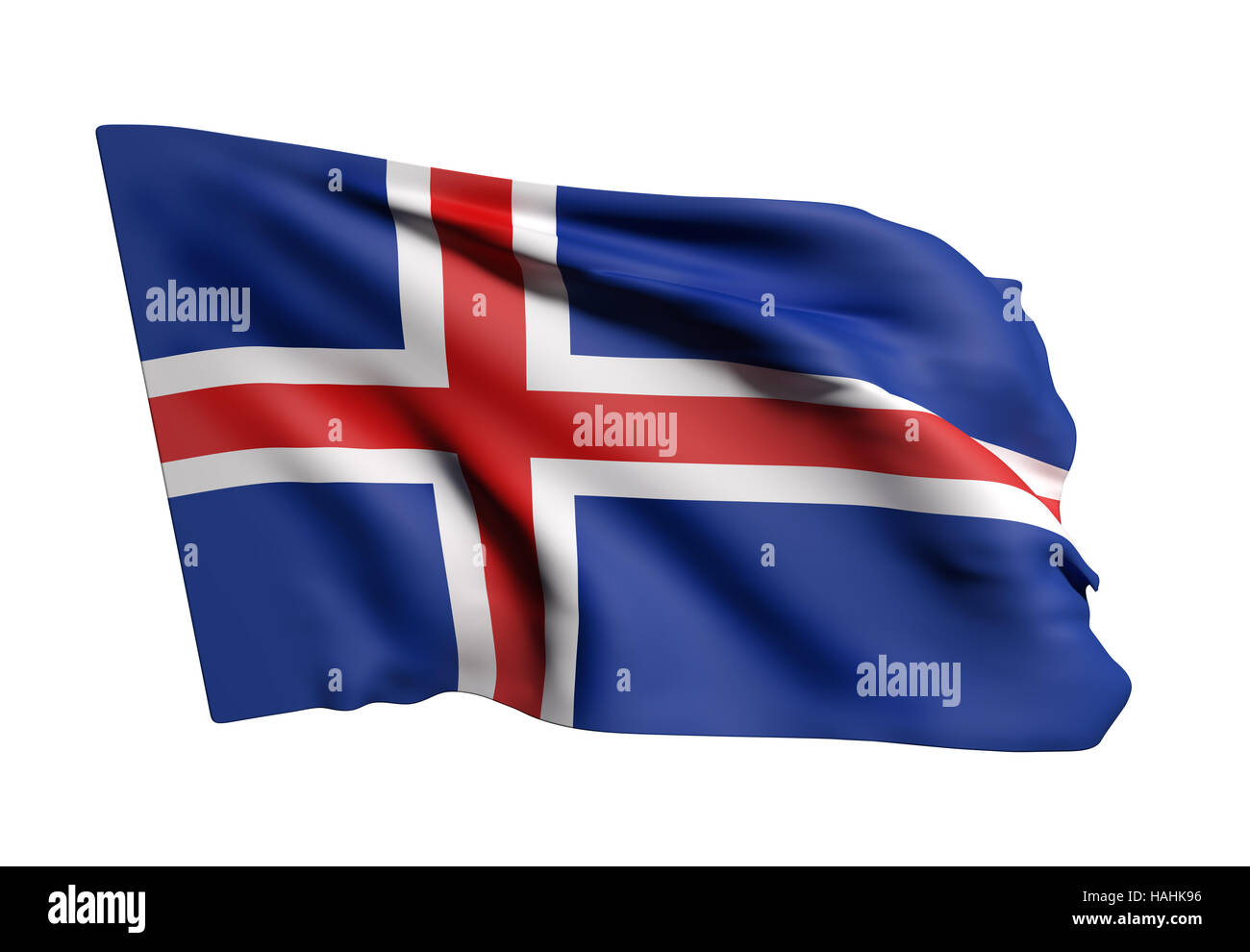 D'un rendu 3D de brandir le drapeau de l'Islande sur fond blanc Banque D'Images