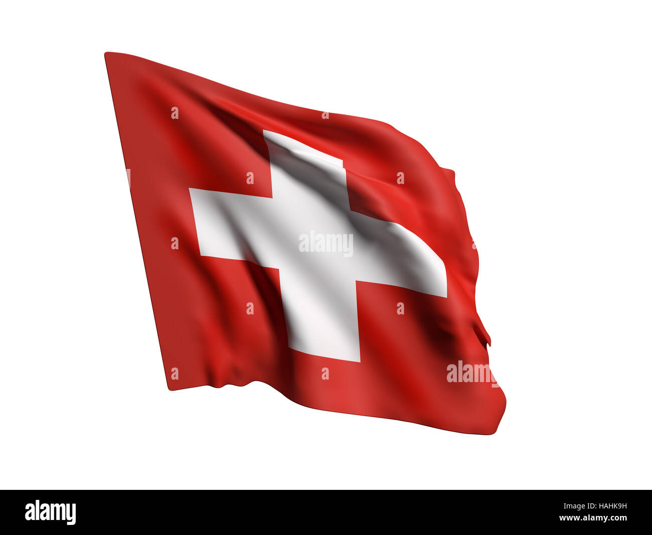 Le rendu 3D de brandir le drapeau de la Suisse sur fond blanc Banque D'Images