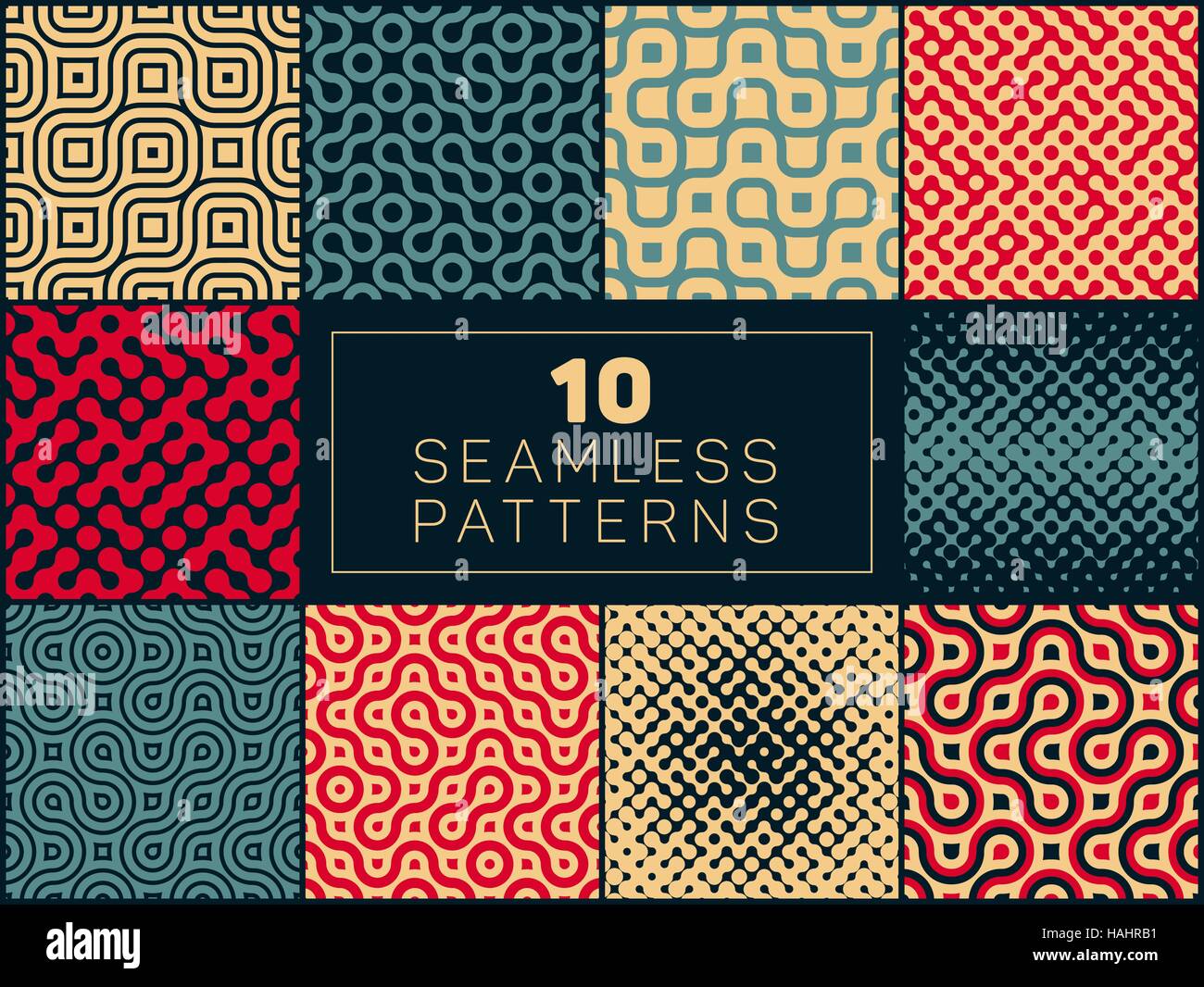 Ensemble de dix lignes ondulées Seamless Vector Halftone irrégulières Truchet Patterns in Tan rouge et les couleurs de la Marine Illustration de Vecteur