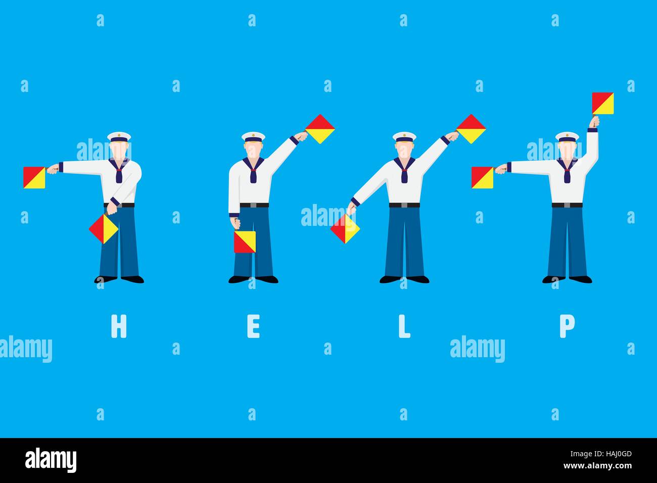 Modèle plat, agitant des drapeaux, les marins du signal word orthographe aide avec système de sémaphore drapeau Illustration de Vecteur