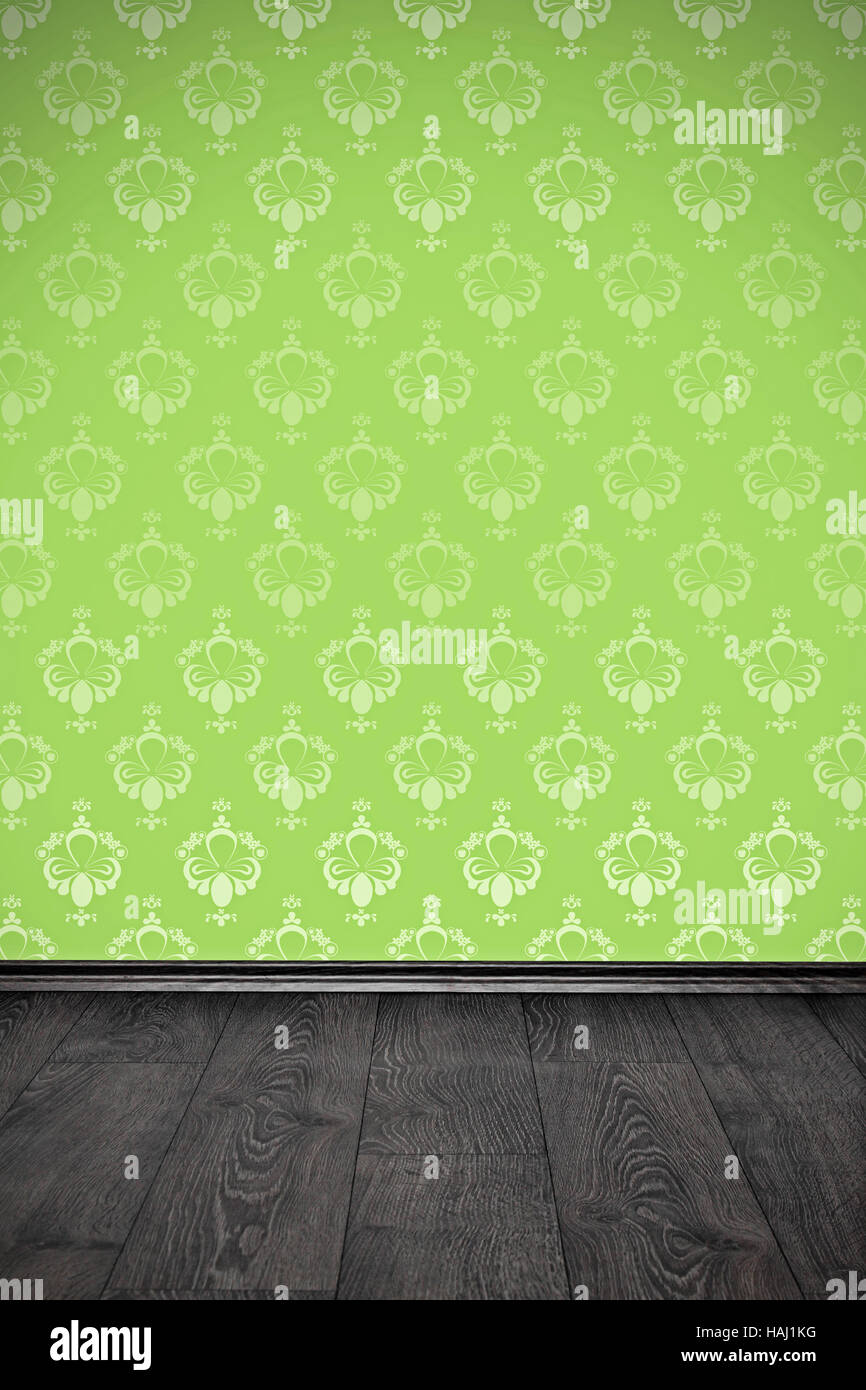 Mur blanc avec papier peint floral vert et plancher en bois Banque D'Images