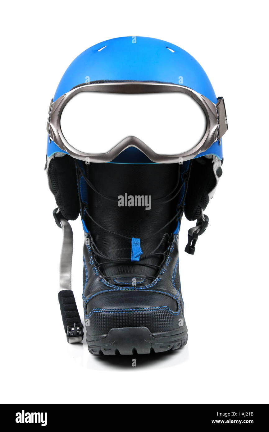 L'équipement de snowboard - botte, casque et lunettes de ski Banque D'Images