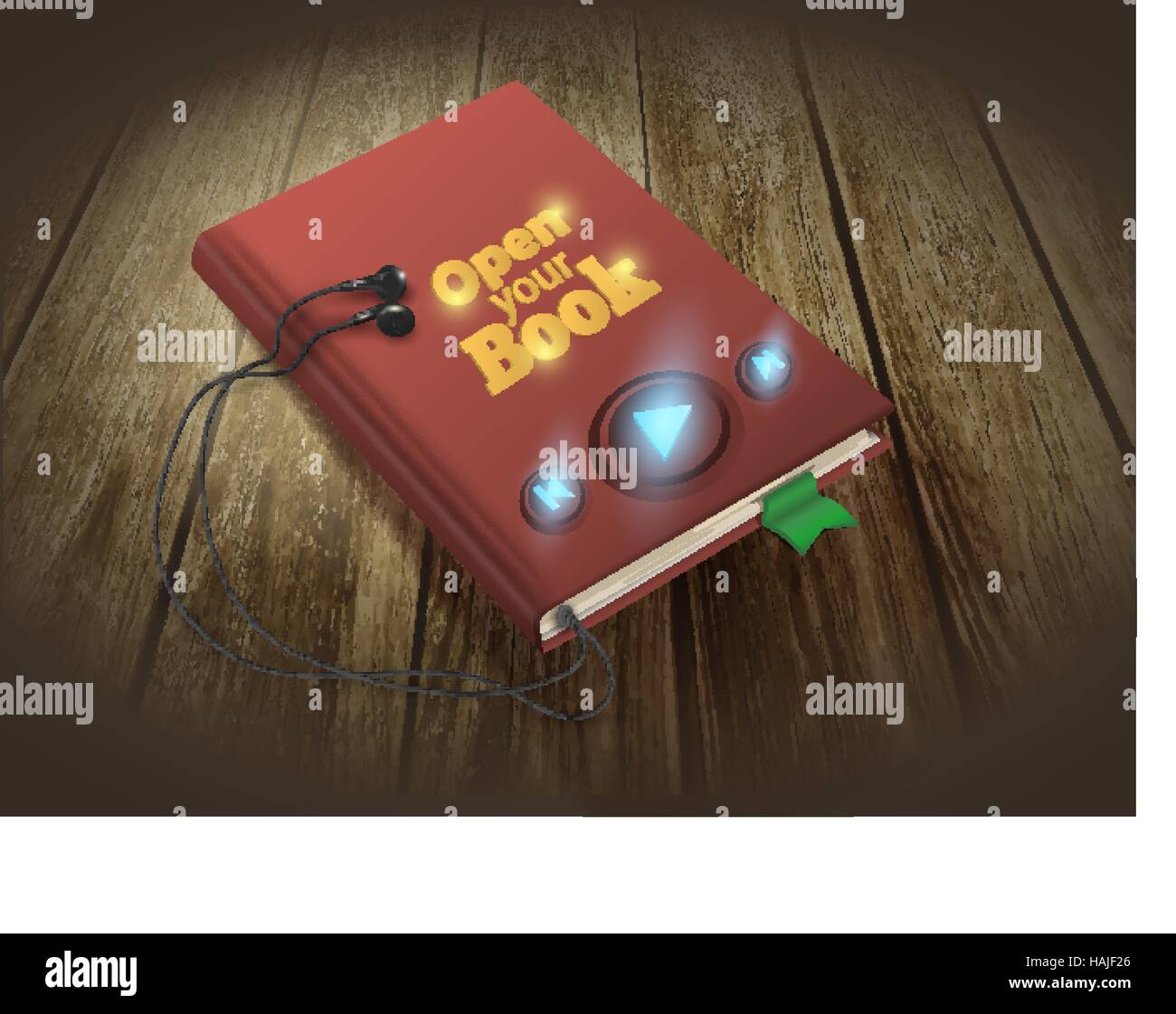 Concept de livre audio avec un casque sur fond de bois. Illustration vecteur EPS10 . Illustration de Vecteur