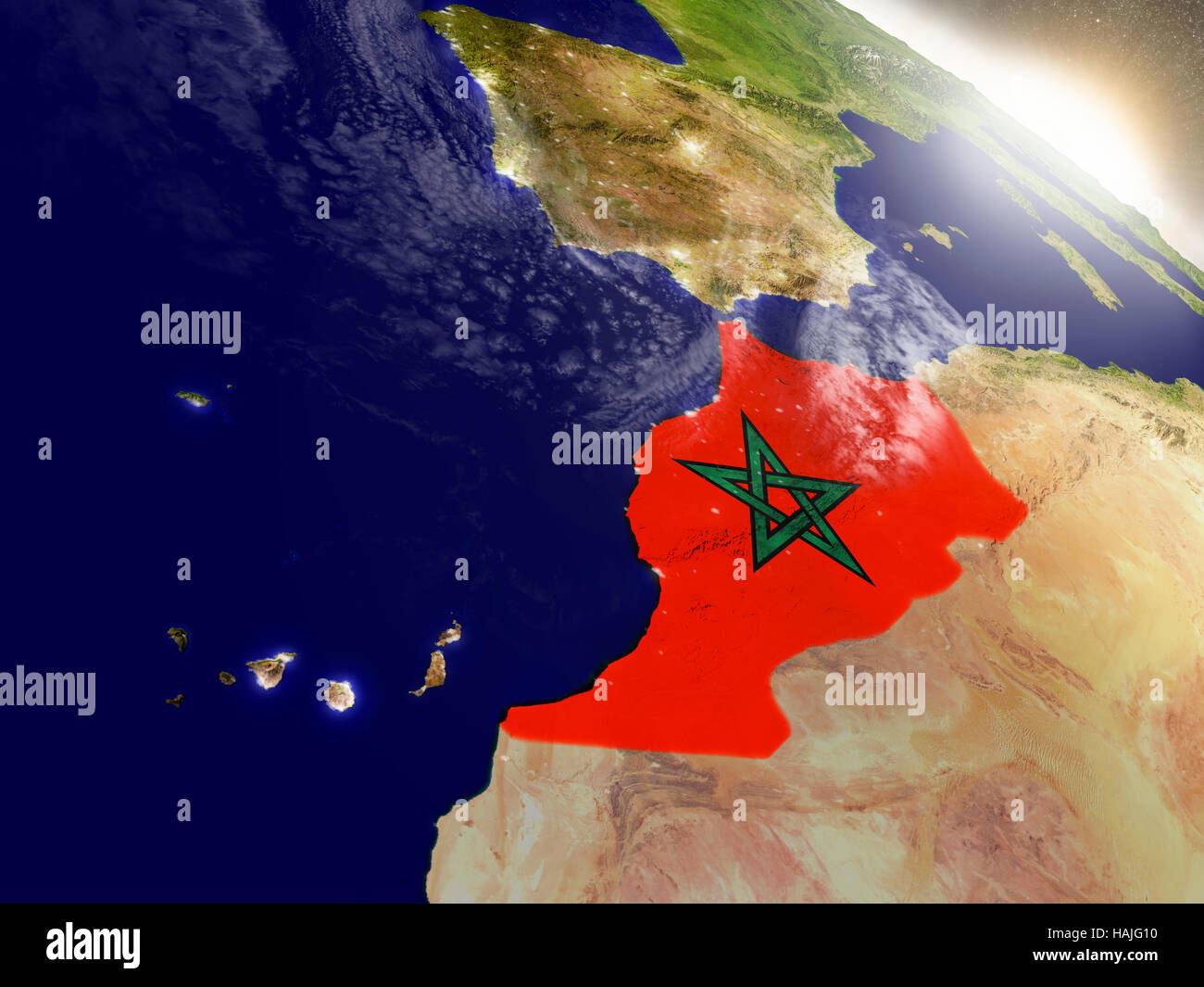 Le Maroc avec des drapeaux sur la surface de la planète pendant le lever du soleil. Illustration 3D réaliste très détaillées avec surface de la planète et visibles de la ville. El Banque D'Images