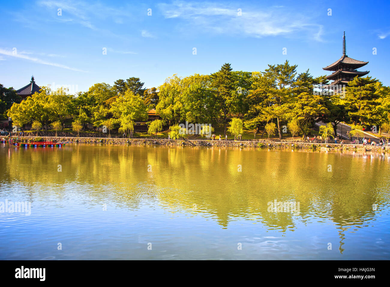 Parc, étang réflexion et temple Tō-ji pagode dans la ville de Nara. Le Japon, l'Asie. Banque D'Images