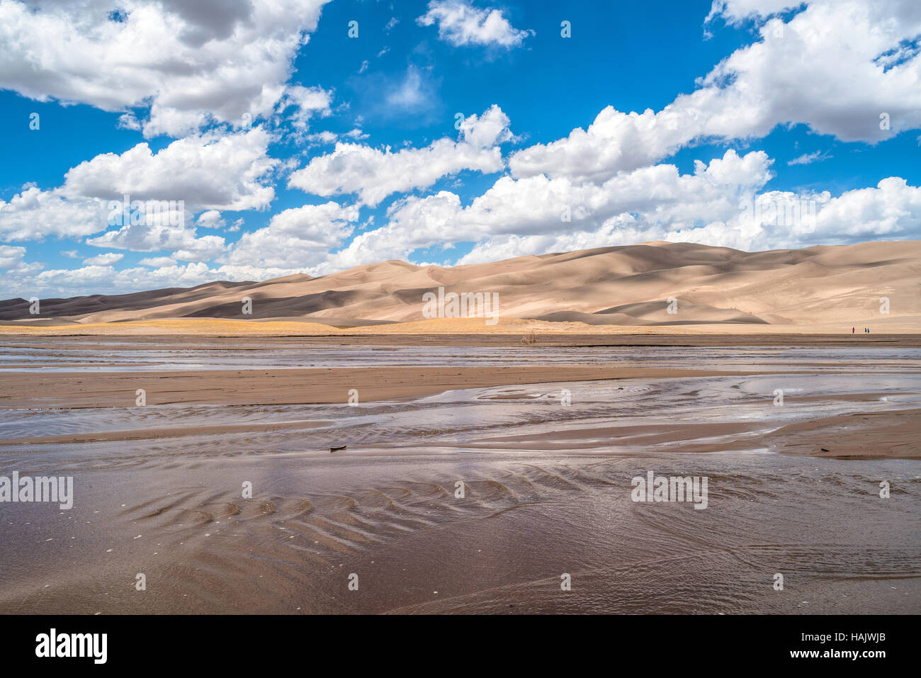 Au printemps Great Sand Dunes - nuages blancs, le ciel bleu, en passant sur des dunes de sable et de Medano Creek qui coule doucement. Banque D'Images