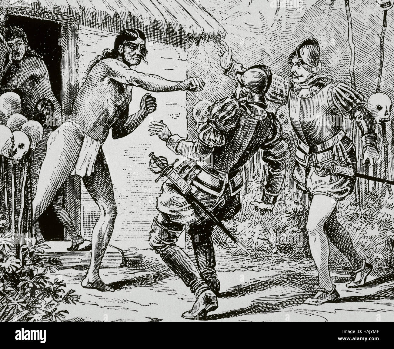 La conquête de l'Amérique (1492-1607). Le fils du roi El Quibian frappe les Espagnols Diego Mendez et Rodrigo de Escobar après qu'ils sont entrés dans le camp du roi indigènes comme des espions. Année 1503. La gravure. 19e siècle. Banque D'Images