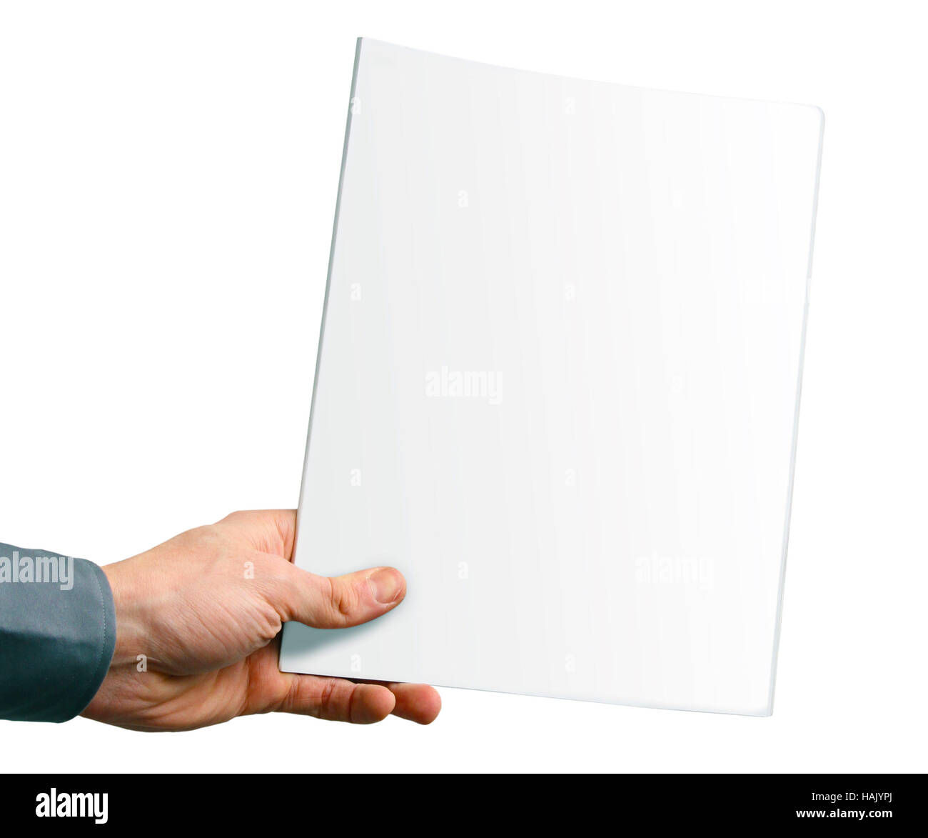 Couverture de magazine en blanc dans la main isolated on white Banque D'Images