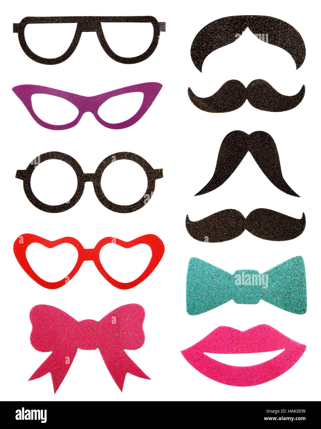 Accessoires, lunettes, moustache, isolated on white Banque D'Images