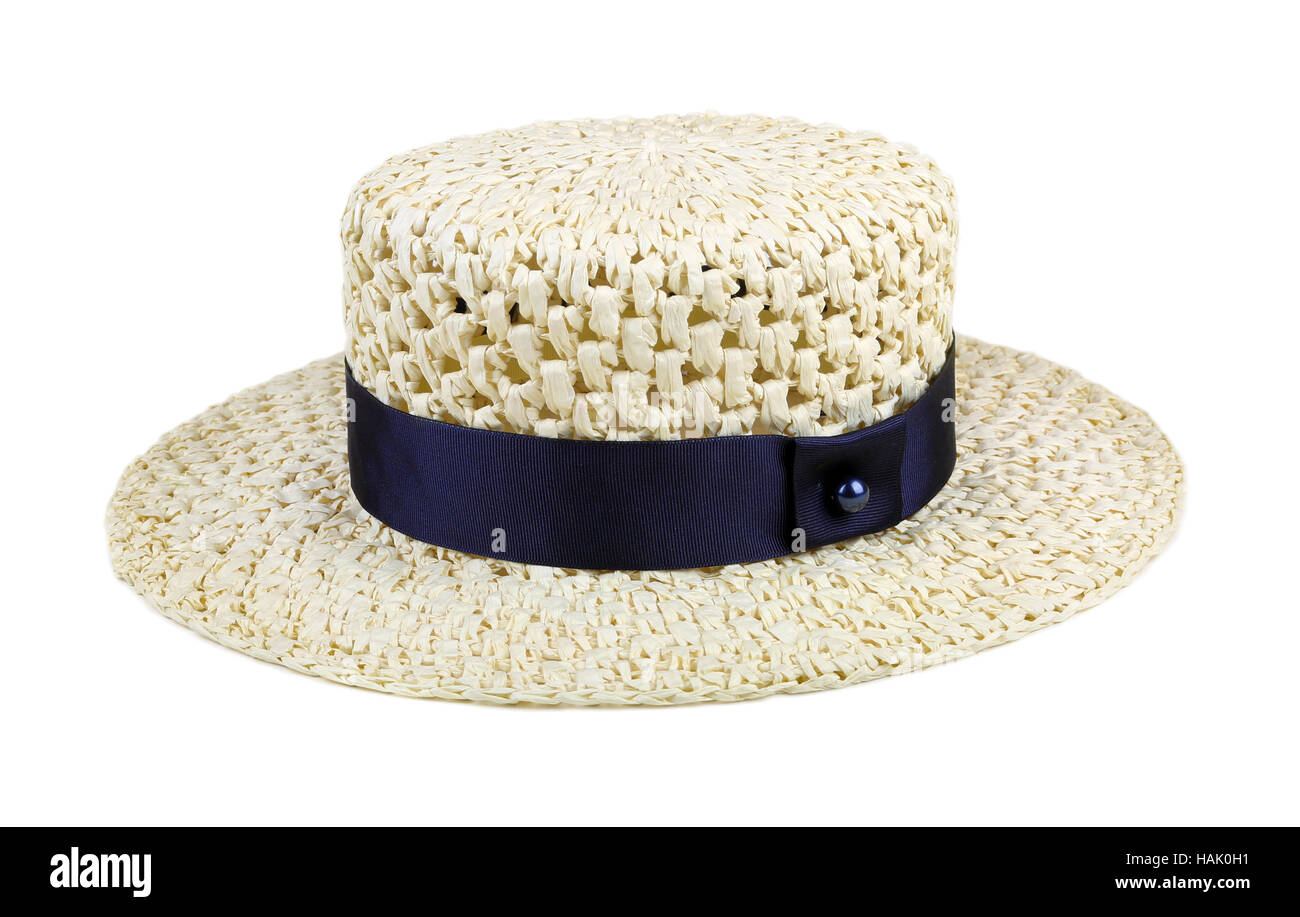 Chapeau de paille avec ruban bleu isolated on white Banque D'Images