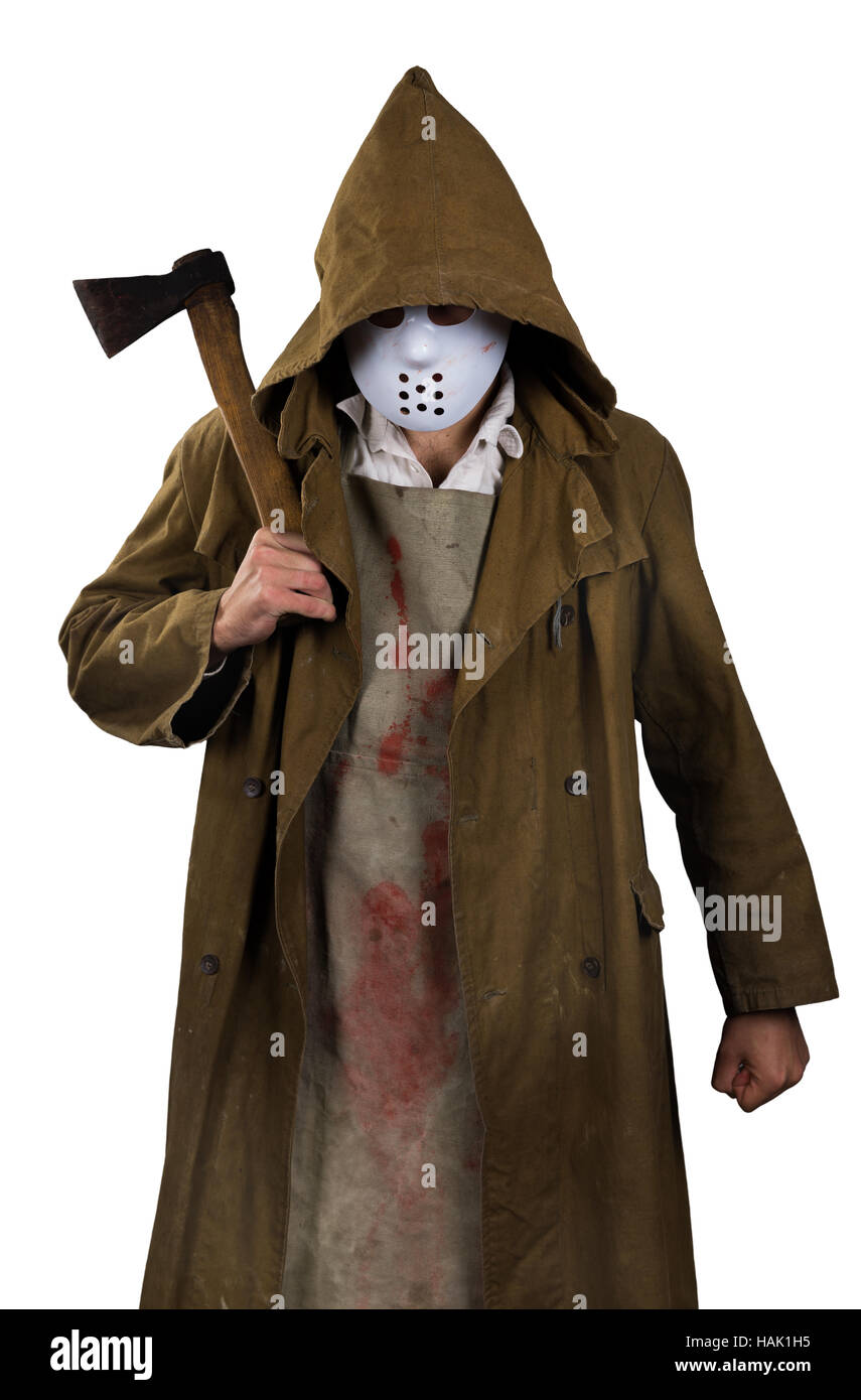 Costume halloween - psycho killer avec tablier sanglant et la hache dans ses mains Banque D'Images