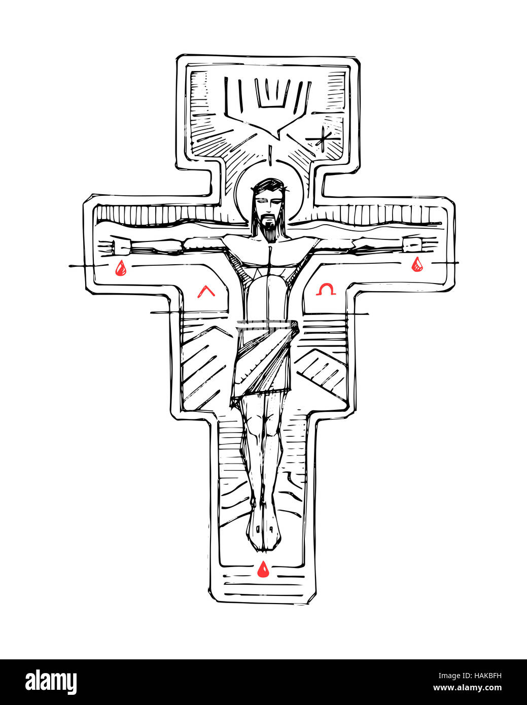 Hand drawn vector illustration ou dessin de Jésus Christ à la Croix et symboles religieux Banque D'Images