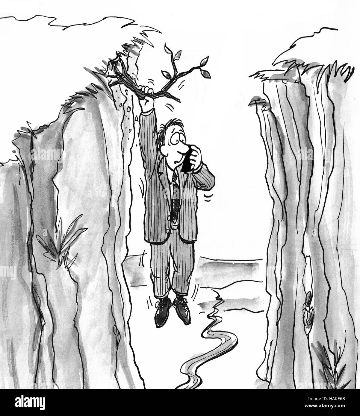 Illustration noir et blanc de l'homme suspendu à un membre de l'arbre appelant à l'aide. Banque D'Images