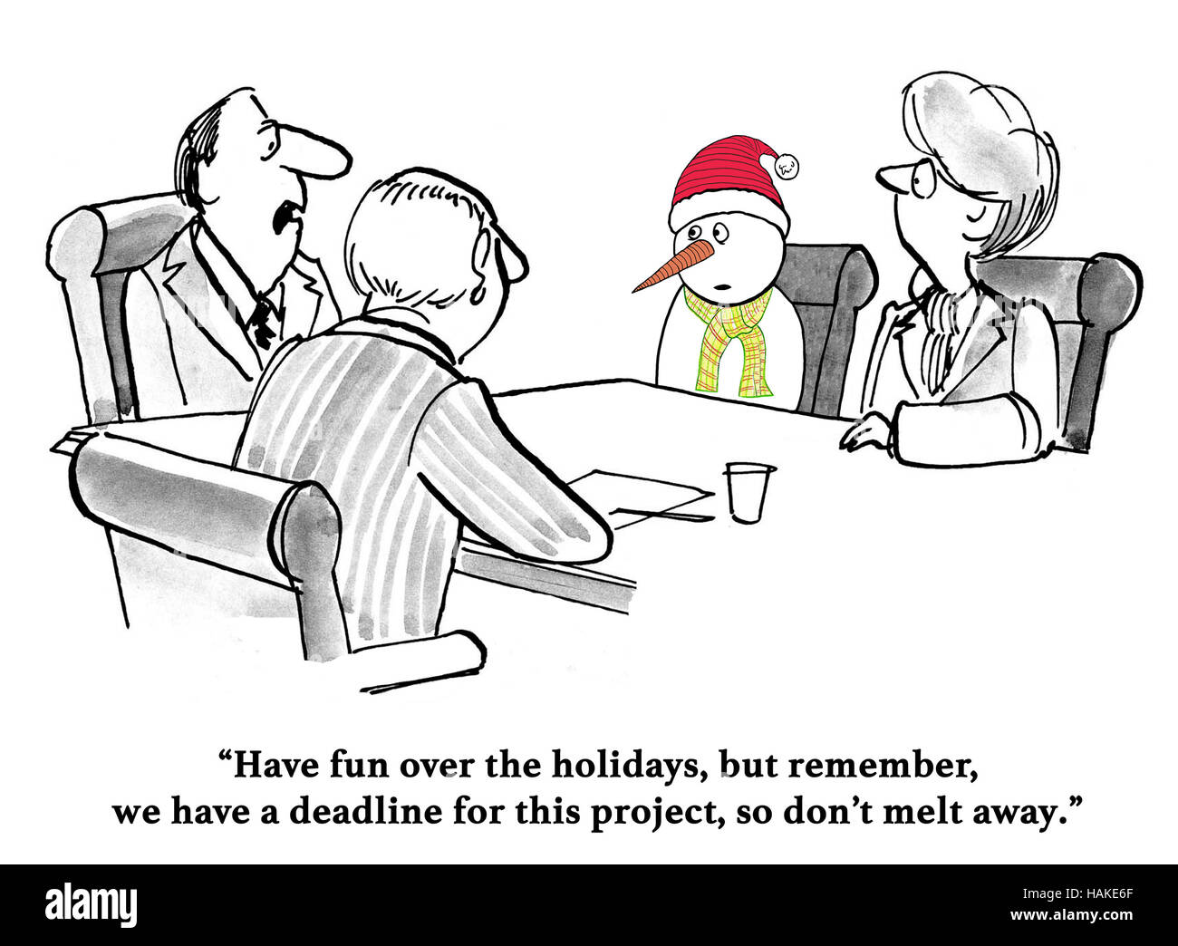 Caricature d'affaires sur une date limite sur un projet immédiatement après les vacances. Banque D'Images