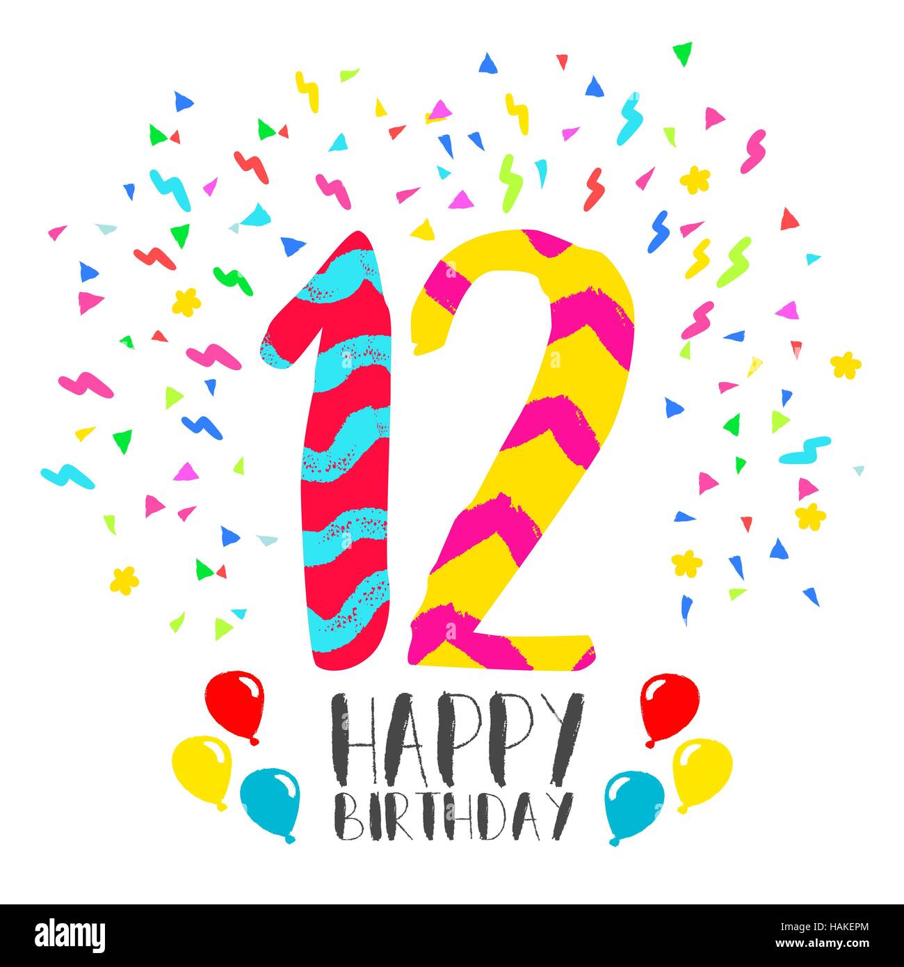 Joyeux Anniversaire Numero 12 Carte De Souhaits Pour Douze Ans Dans Fun Art Style Avec Partie De Confettis Invitation D Anniversaire De Felicitations Ou De Celebrations Image Vectorielle Stock Alamy