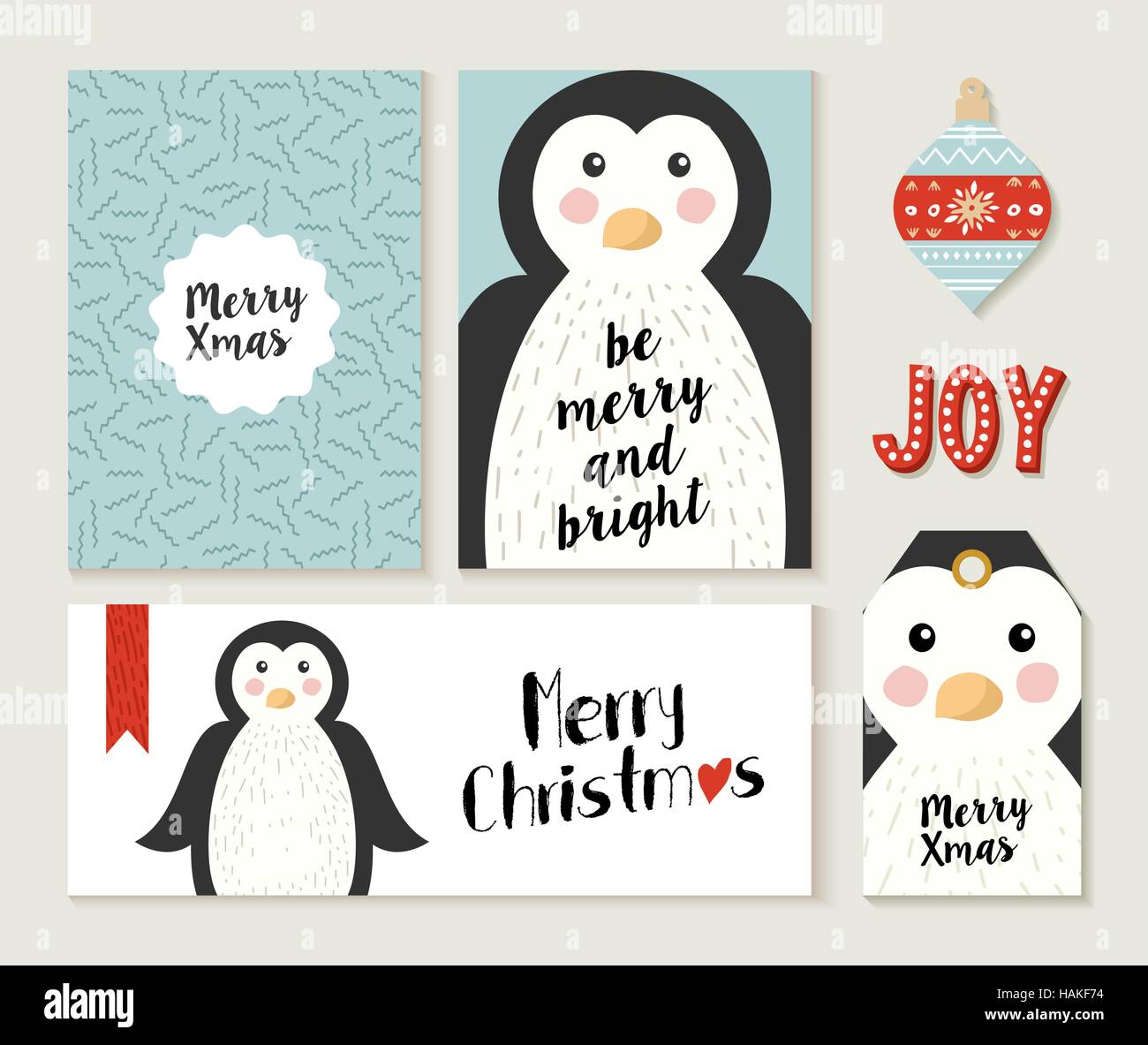 Joyeux Noël jeu de carte de vœux avec dessins retro pingouin. Maison de vacances label à thème comprend, un en-tête et étiquettes cadeaux. Vecteur EPS10. Illustration de Vecteur