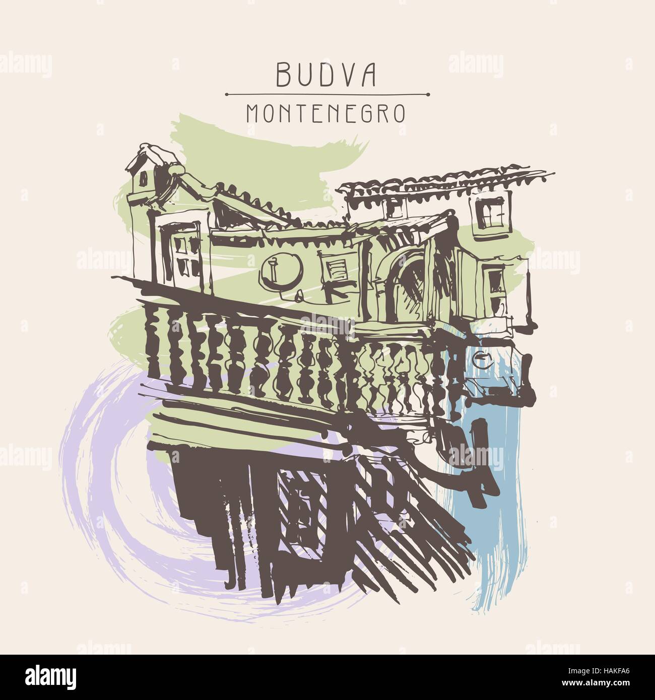 Esquisse de bâtiment historique de Budva Monténégro, vintage à Illustration de Vecteur