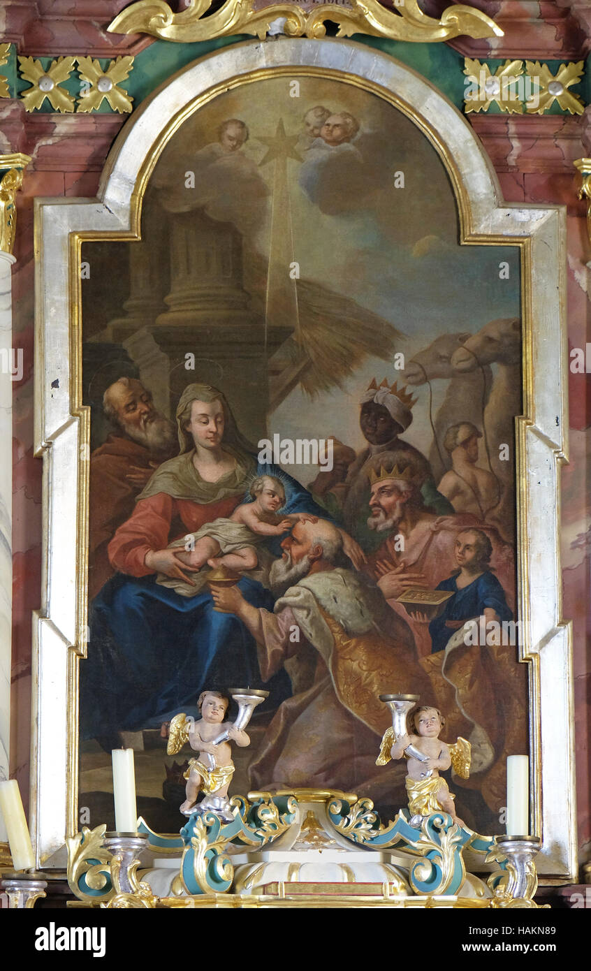 Scène de la nativité, l'Adoration des Mages retable de l'église paroissiale de la Sainte Trinité de Krasic, Croatie Banque D'Images
