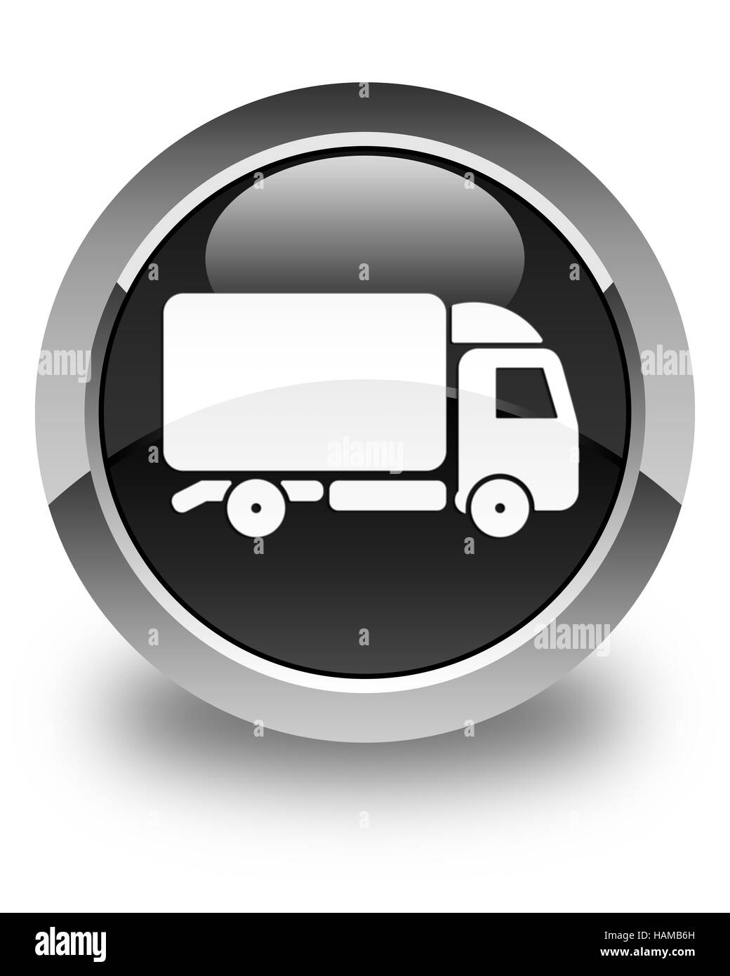 L'icône de camion isolé sur bouton rond noir brillant abstract illustration Banque D'Images
